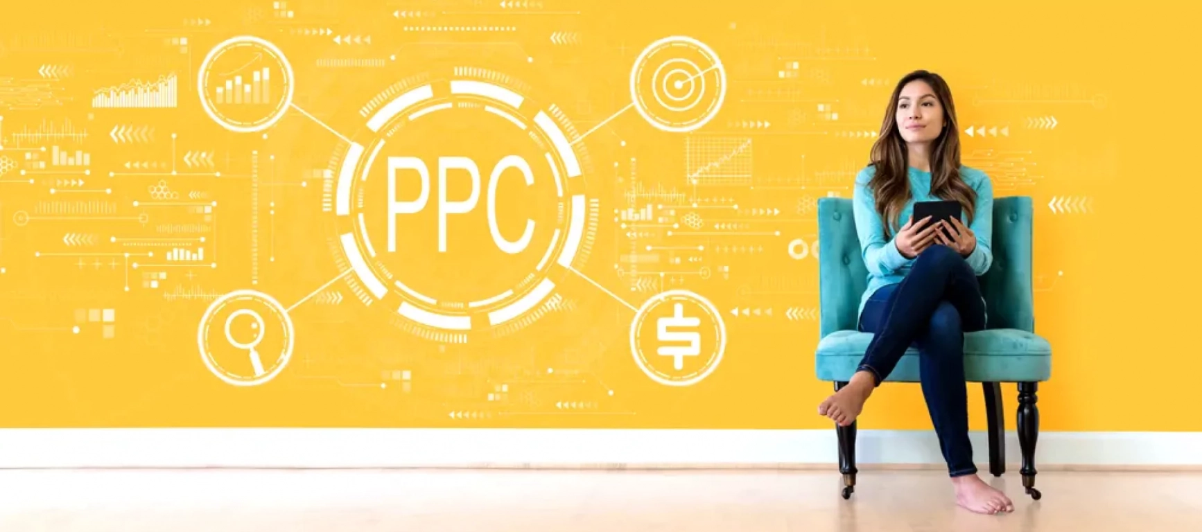 Woman looking at an illustration of PPC marketing 1