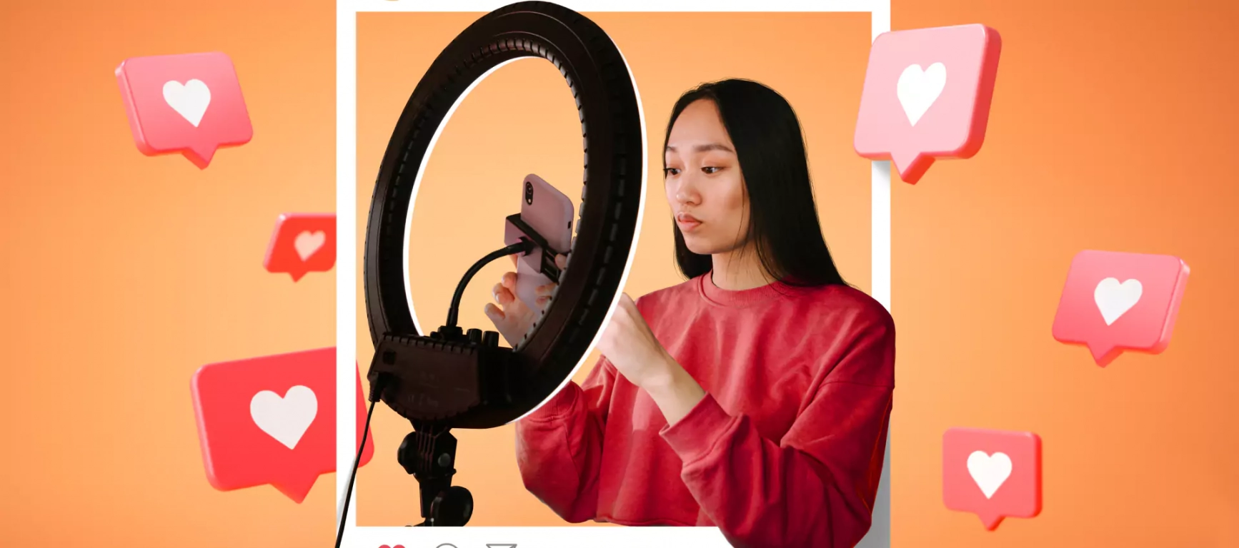 A woman recording reels in front of ring light 1