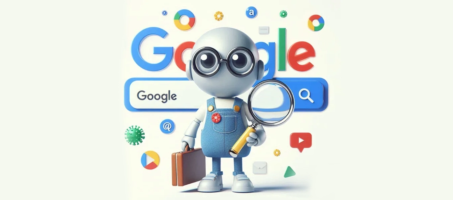 A robot standing in front of Google Search Engine with magnifying glass in hand 1