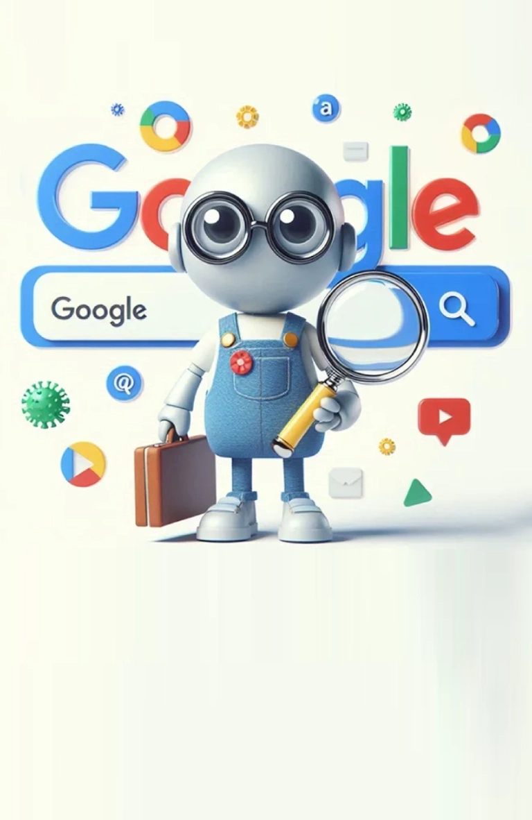 A robot standing in front of Google Search Engine with magnifying glass in hand